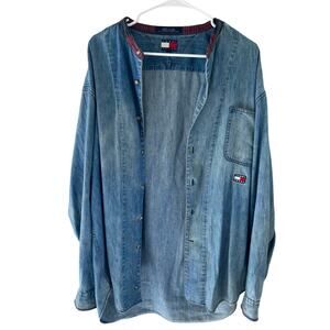 Vintage 90's Tommy Jeans Denim Chambray Button Up Shirt Nehru Plaid Collar L